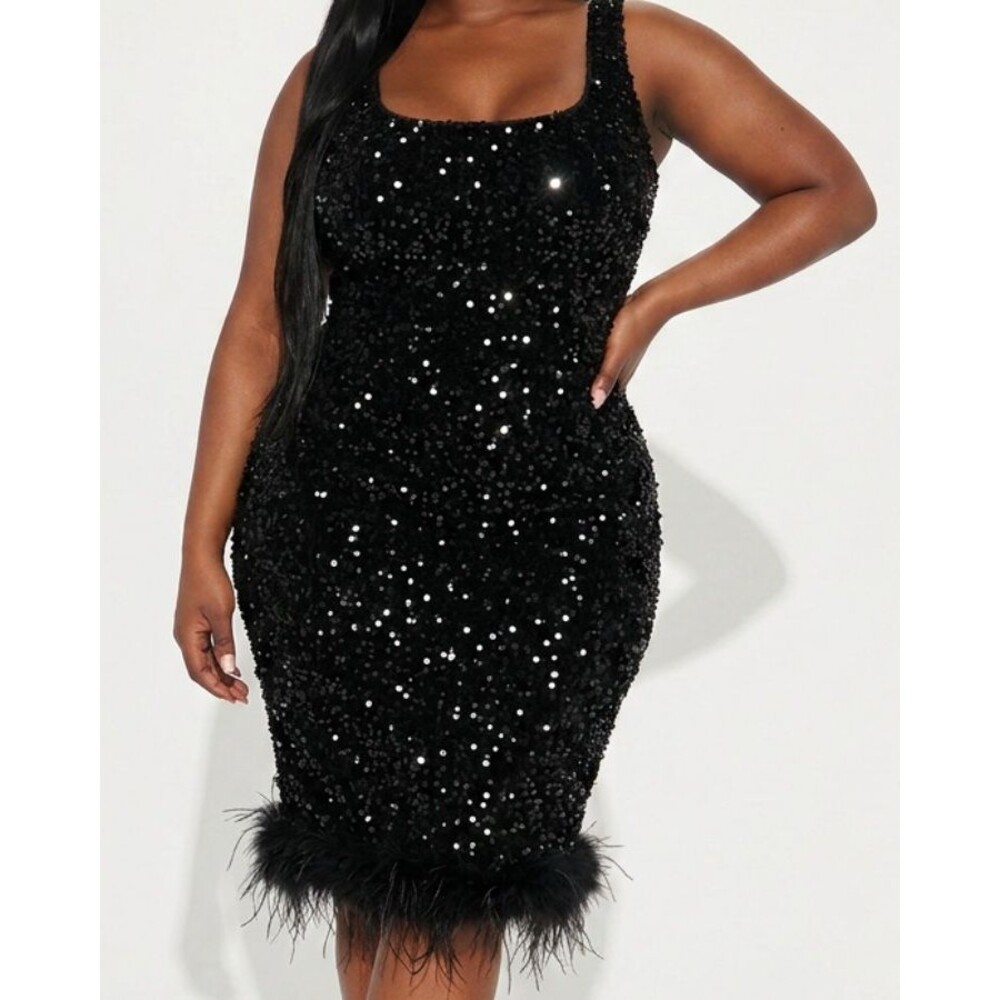 Fashion Nova Black Sequined Dress with Feather Trim | Plus Size 3x | Tank Dress